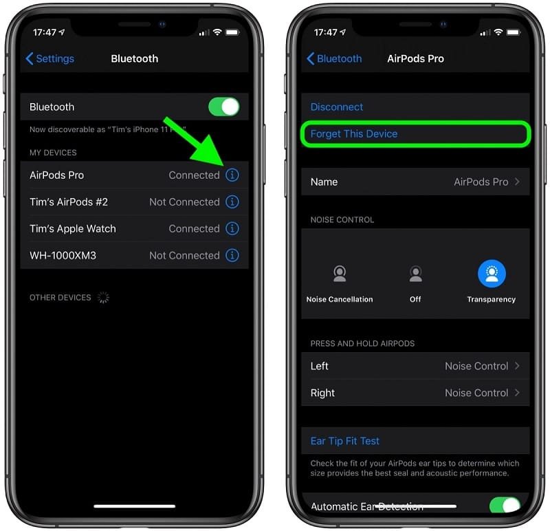 Reset AirPods Pro - Forget this device option