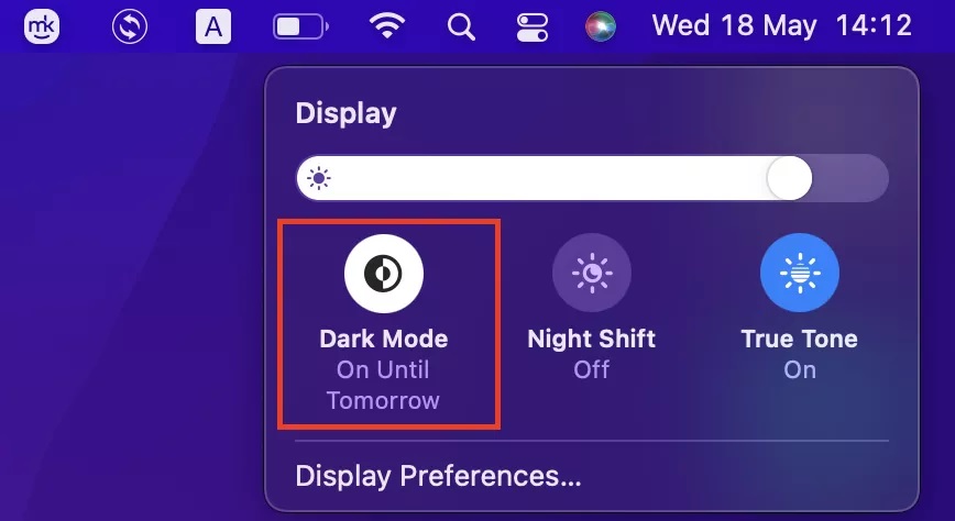 Dark mode mac Using Control Center