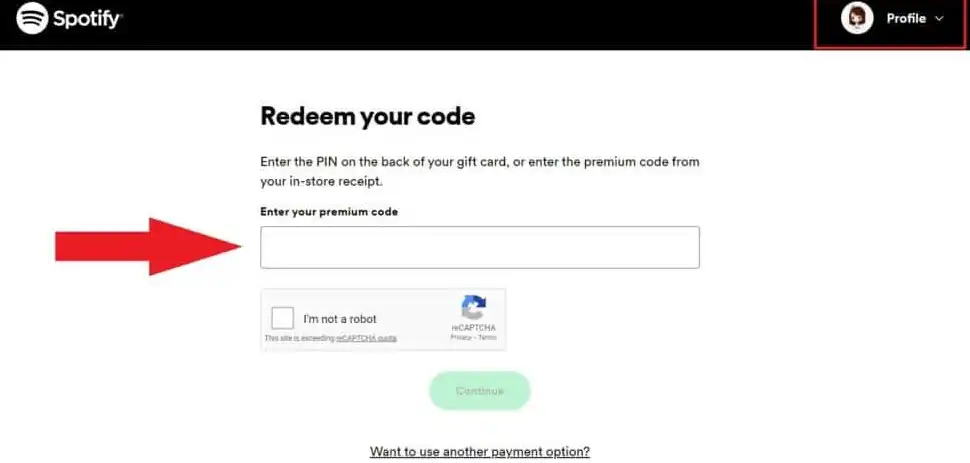 Spotify Gift Vouchers Redeem Page