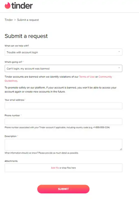 The Appeal Process form to be filled to get unbanned