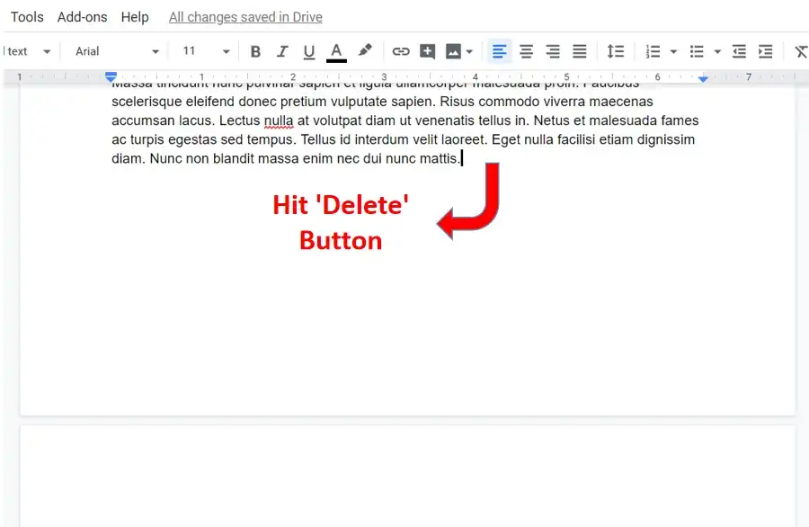 Use delete keyword to delete A Page In Google Docs