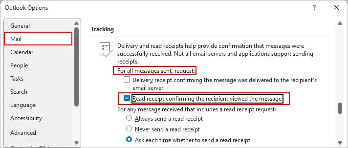 Configuring Default Read Receipts for All Messages on a Windows PC