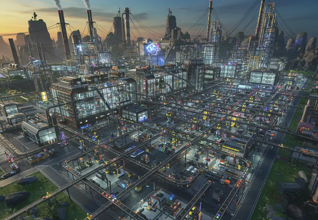 Bird’s-eye view of an intricately automated production complex