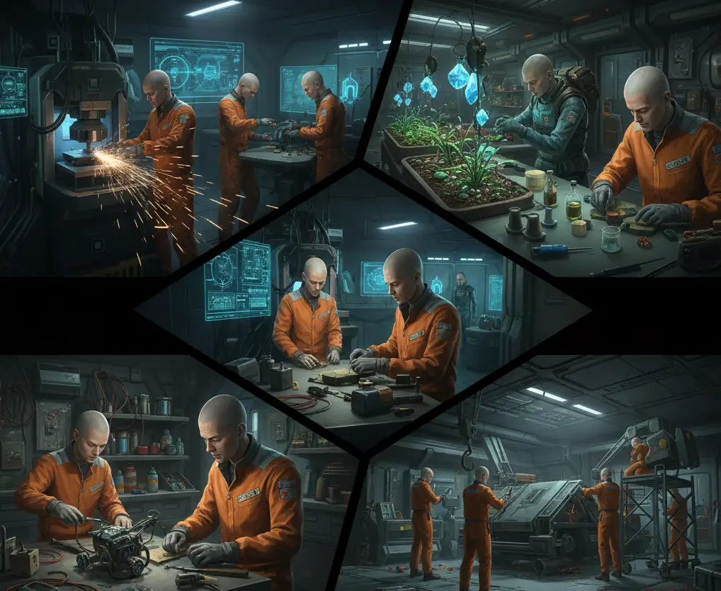 Collage of clone characters collaborating on various crafting tasks of The Alter