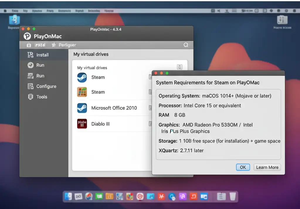  PlayOnMac main user interface and Mac system requirements dialog box