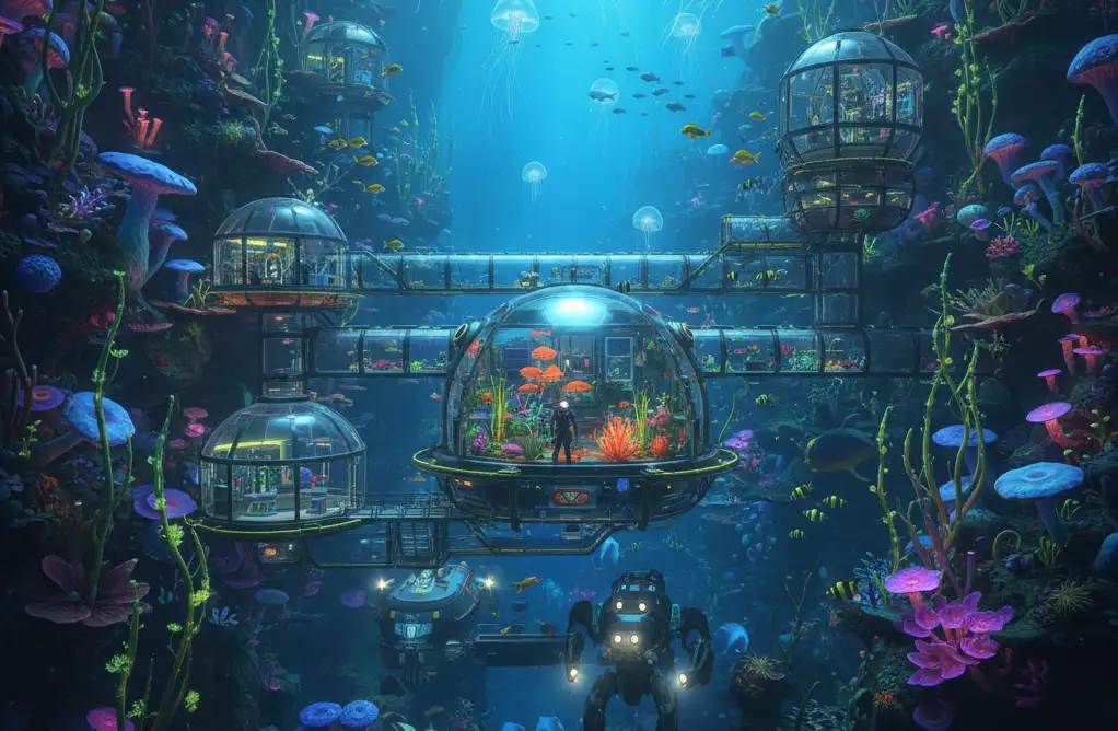 Show off a player-crafted base illuminated by bioluminescent plants in Subnautica 2