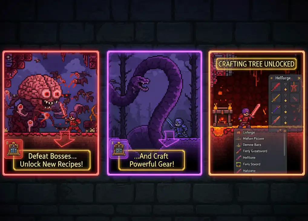 Slide of boss battles unlocking new crafting trees in Terraria