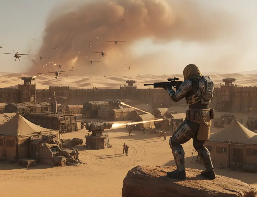 an image of a player defending a desert settlement in Dune
