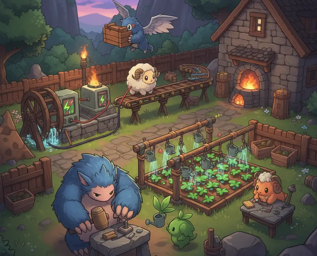 images of Pals working on crafting stations and auto-farms of Palworld