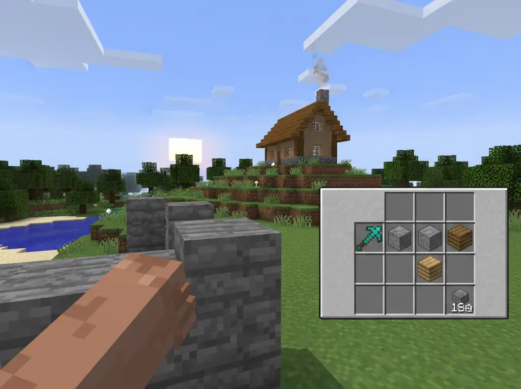 screenshot of a player placing blocks with crafting table open in minecraft